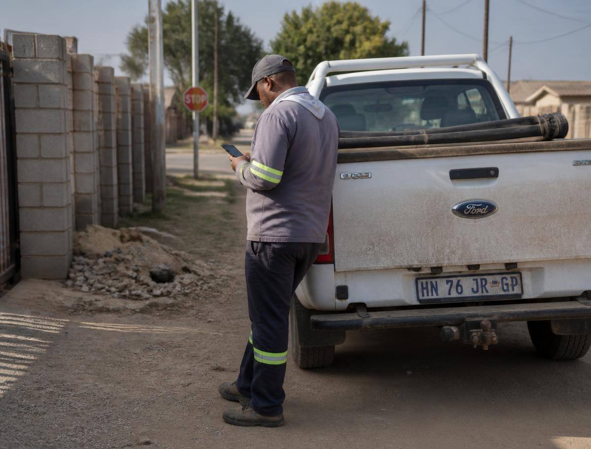 A tradesperson beside a bakkie on a dusty street, checking a phone