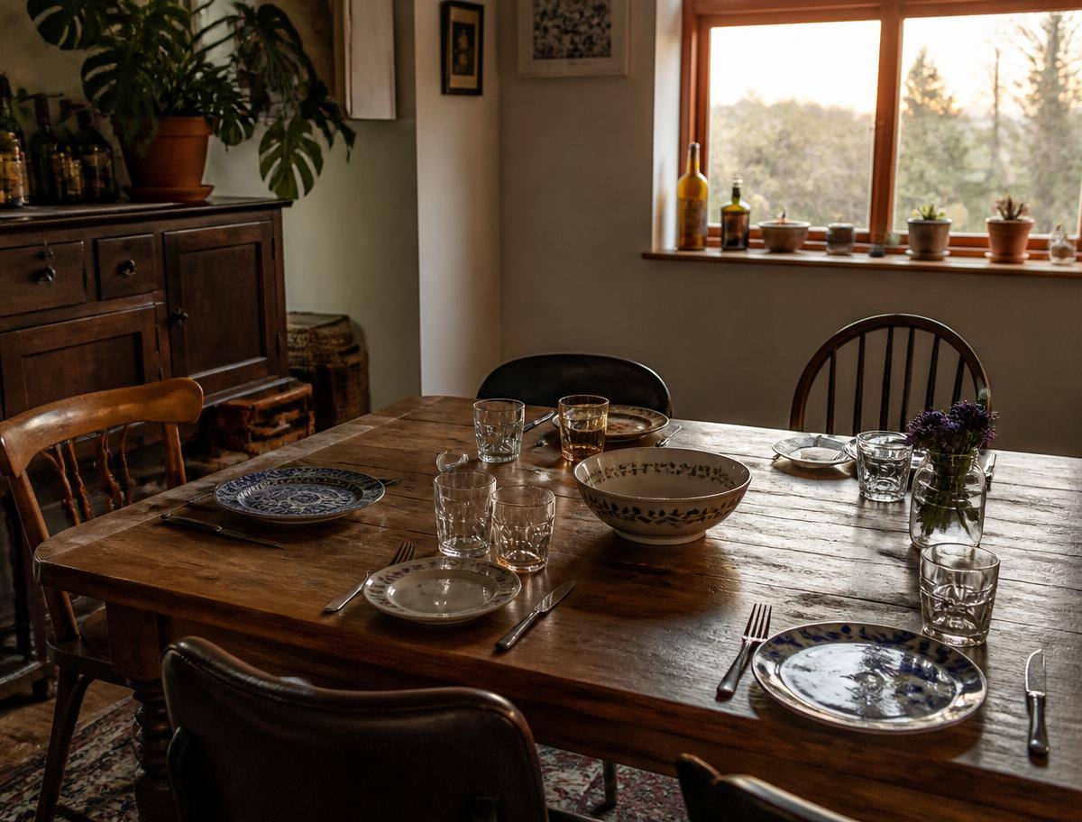 A wooden table laid with mismatched plates and glasses for people who have not arrived yet