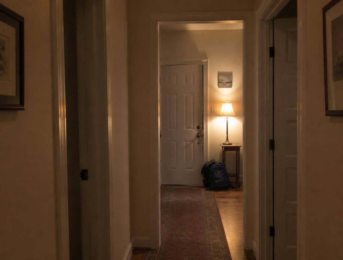 An empty hallway in the evening with one lamp on and a school bag by the door